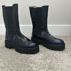 Stuart Weitzman Navy Croc-Embossed Combat Boots